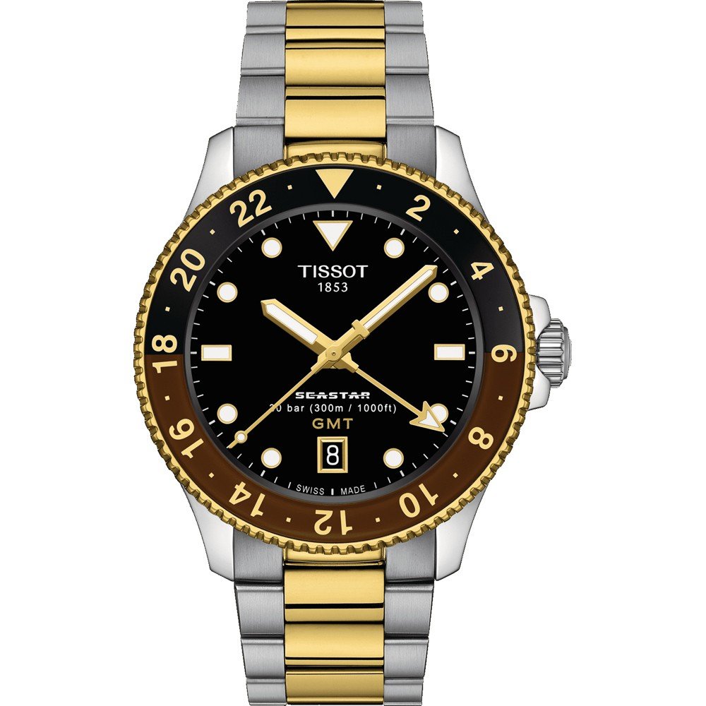 Zegarek Tissot Seastar 1000 z czarną tarczą, złotą kopertą i stalową bransoletą.