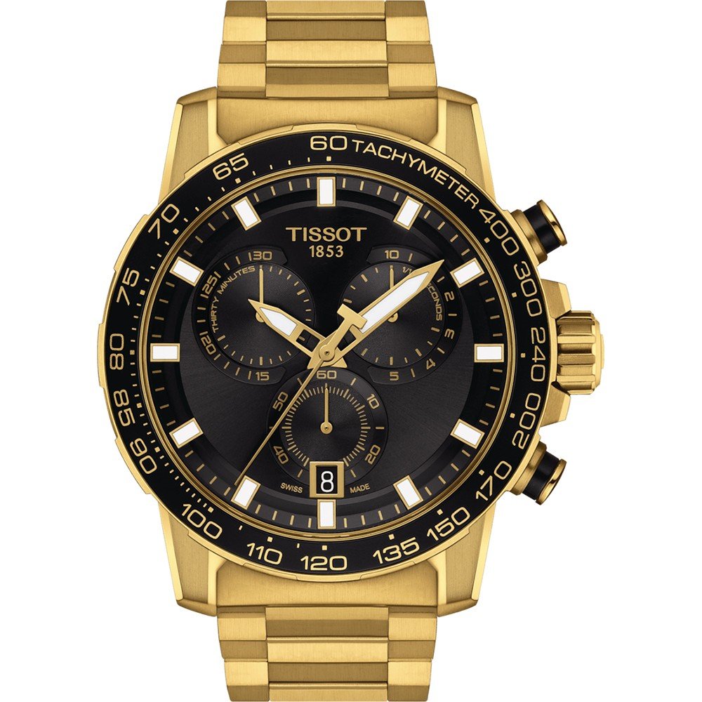 Złoty zegarek Tissot z czarną tarczą, chronografem i metalową bransoletą.