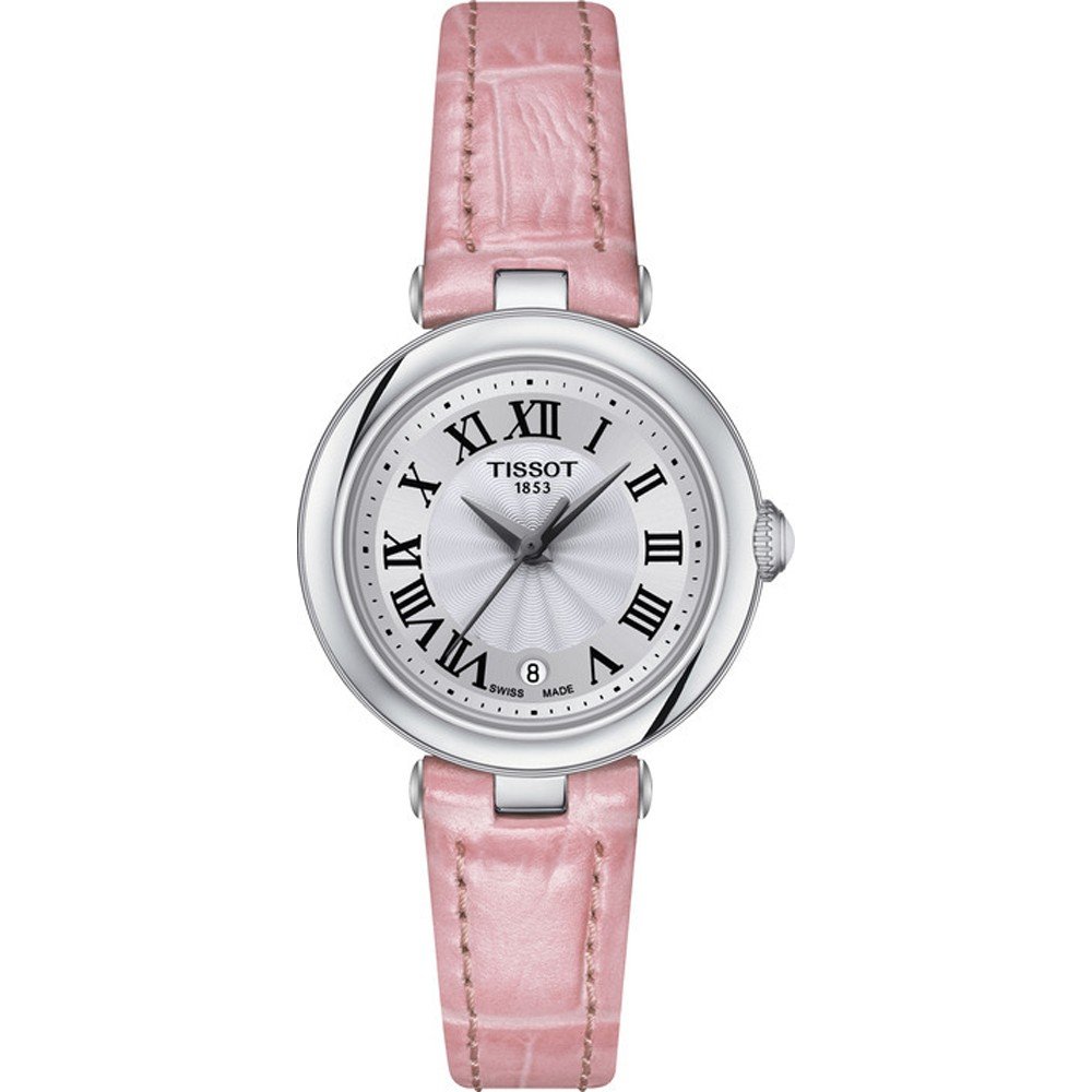 Zegarek Tissot Bellissima Small lady z różowym paskiem, okrągłą kopertą i srebrną tarczą z rzymskimi cyframi.