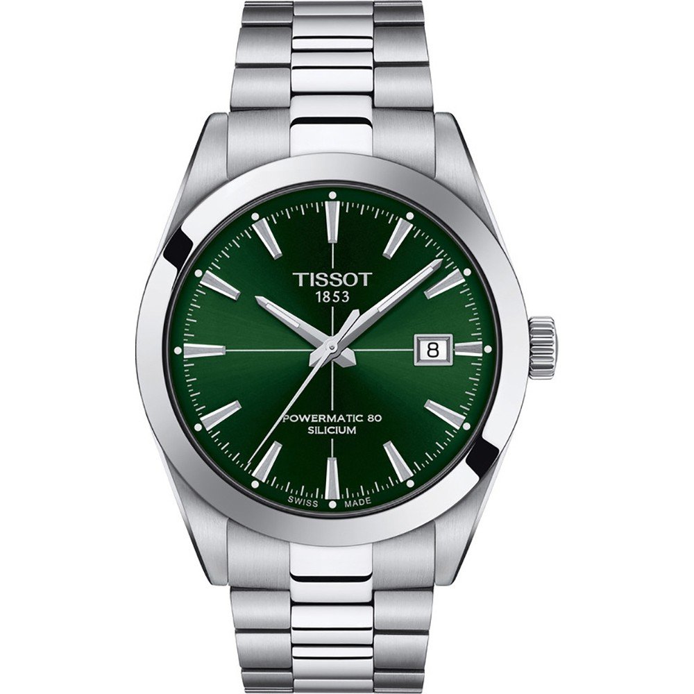 Zegarek Tissot Gentleman Powermatic 80 z zieloną tarczą, stalowa koperta i bransoleta.