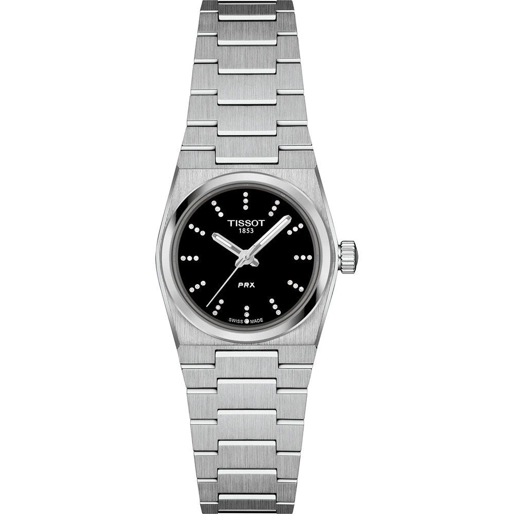 Zegarek Tissot PRX 25mm z czarną tarczą, stalową kopertą i bransoletą.