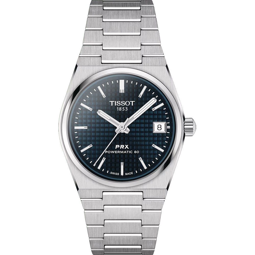 Zegarek Tissot PRX Powermatic 80 z niebieską tarczą, stalową kopertą i bransoletą.