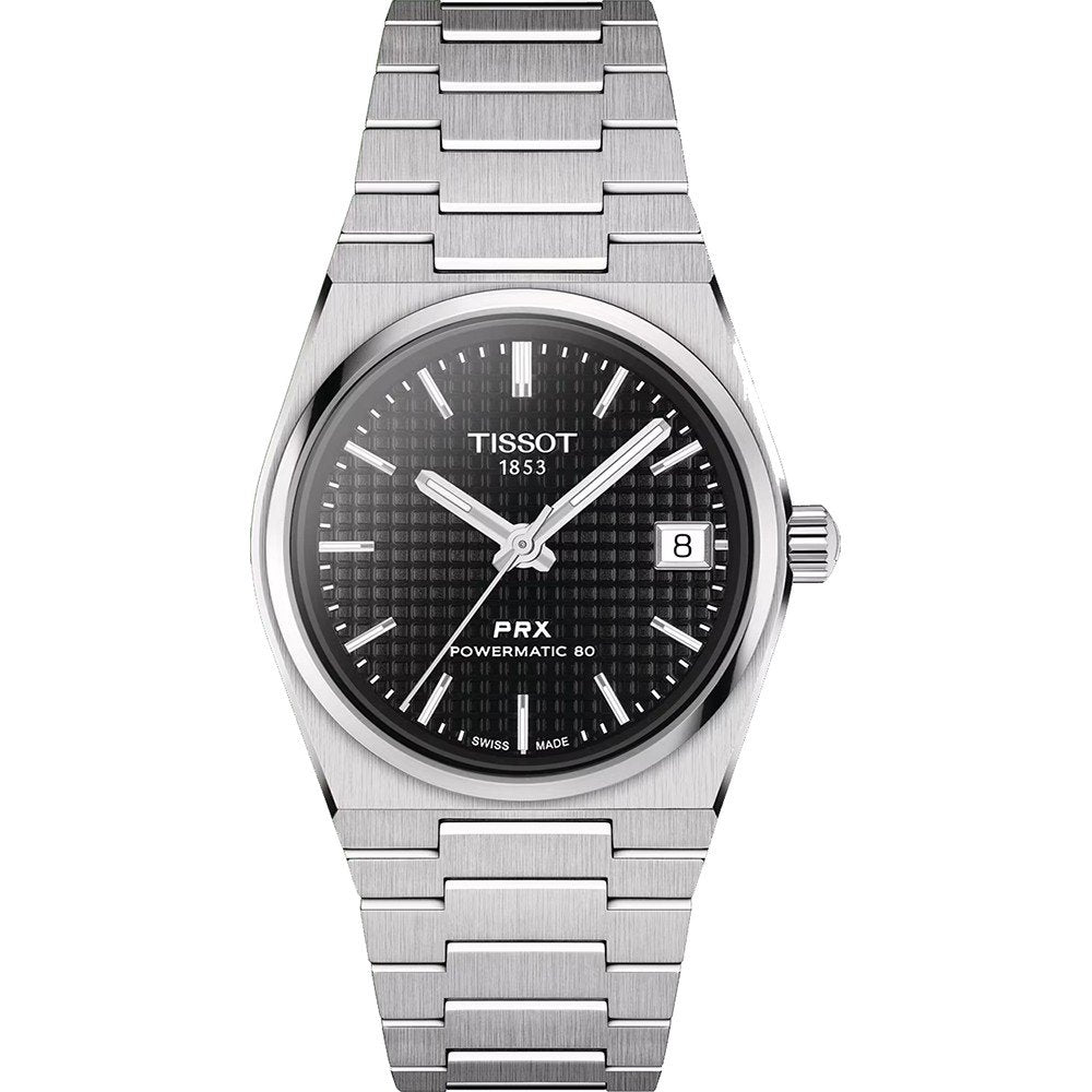 Srebrny zegarek Tissot PRX Powermatic 80 z czarną tarczą i bransoletą ze stali nierdzewnej.