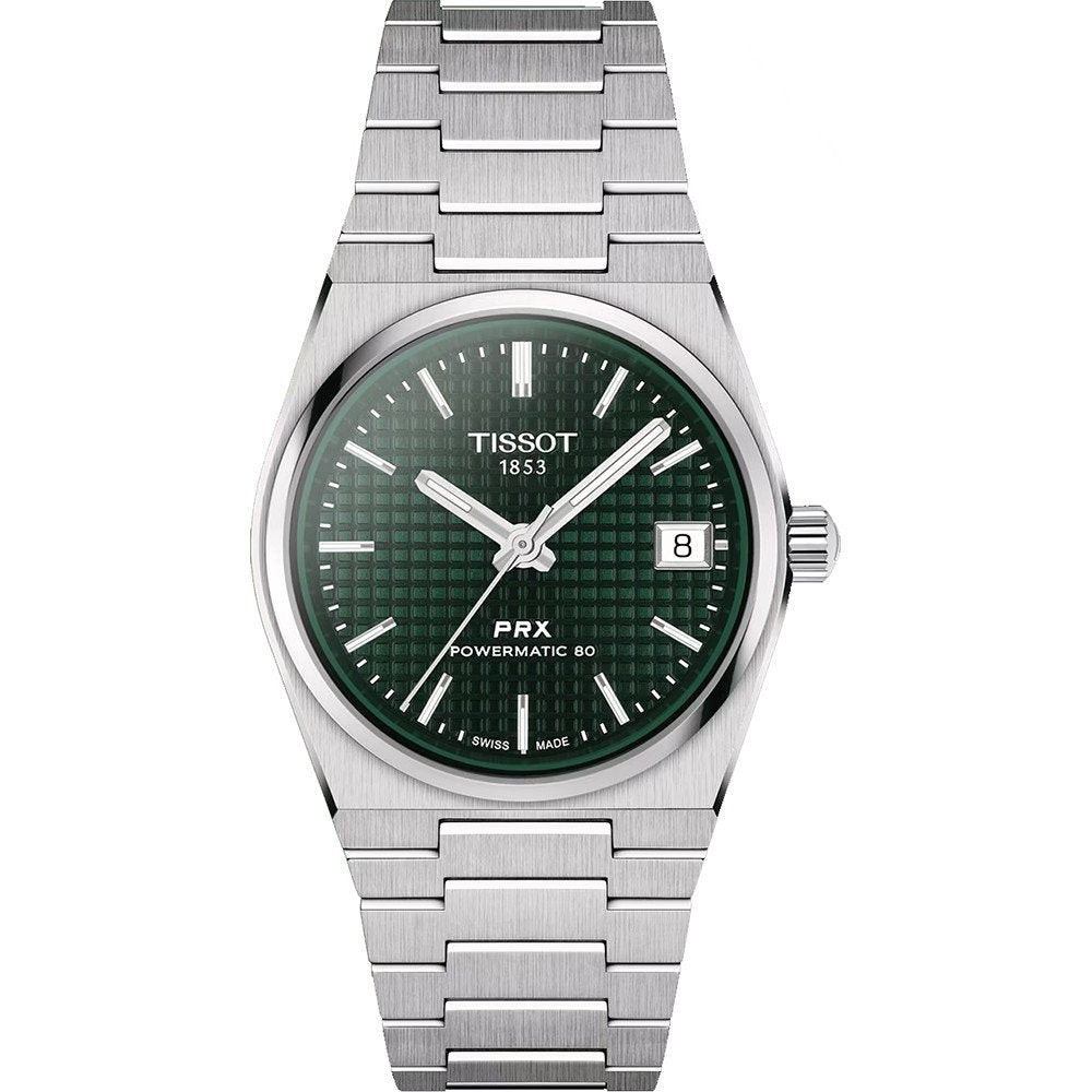Zegarek Tissot PRX Powermatic 80 z zieloną tarczą, stalowa koperta i bransoleta.