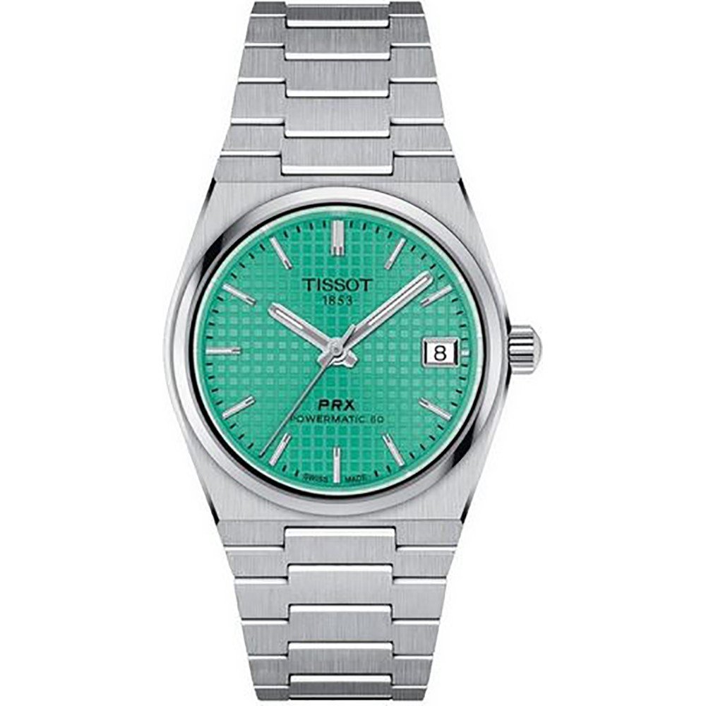 Zegarek Tissot PRX Powermatic 80 z zieloną tarczą, stalowa koperta i bransoleta.