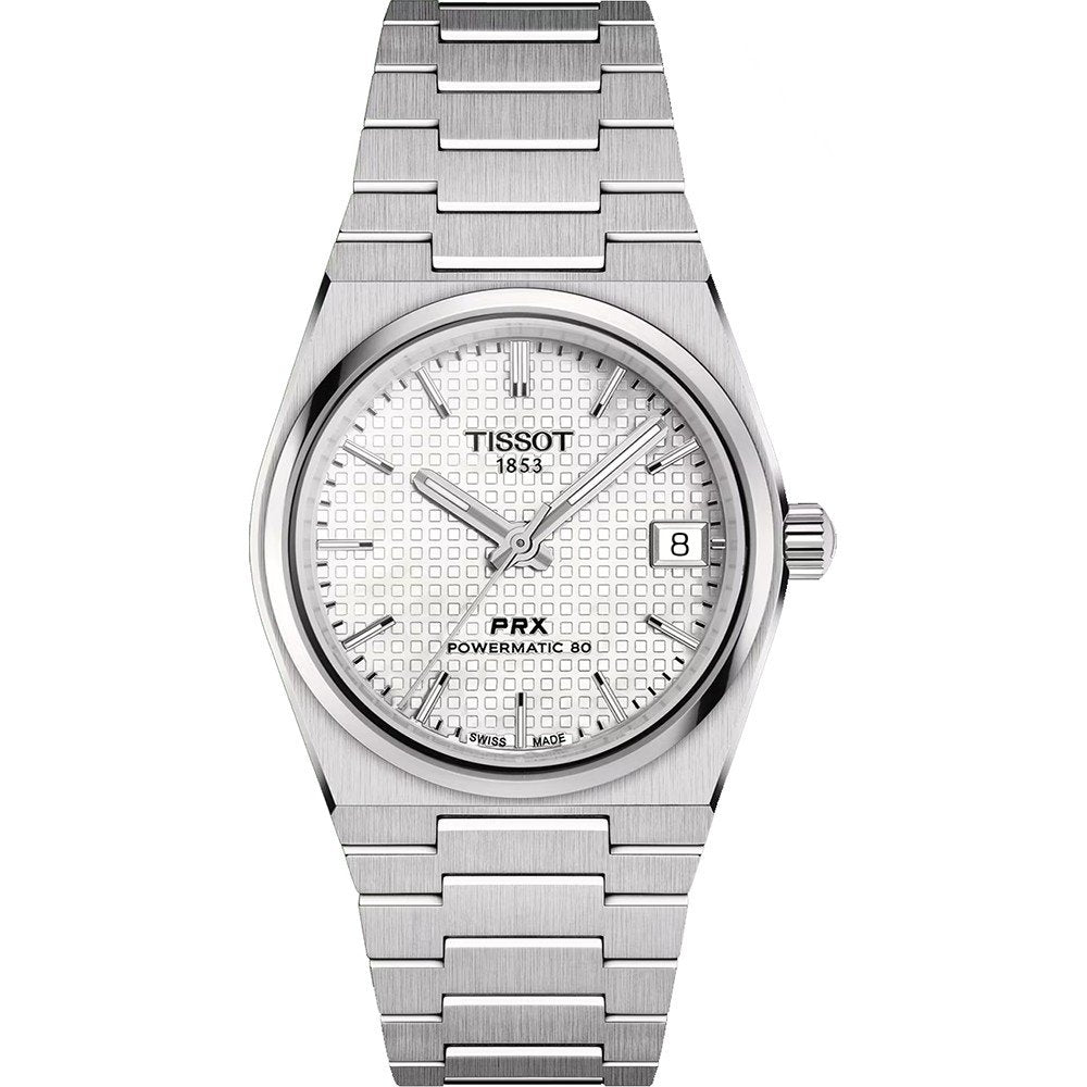 Srebrny zegarek Tissot PRX Powermatic 80 z białą tarczą i metalową bransoletą.