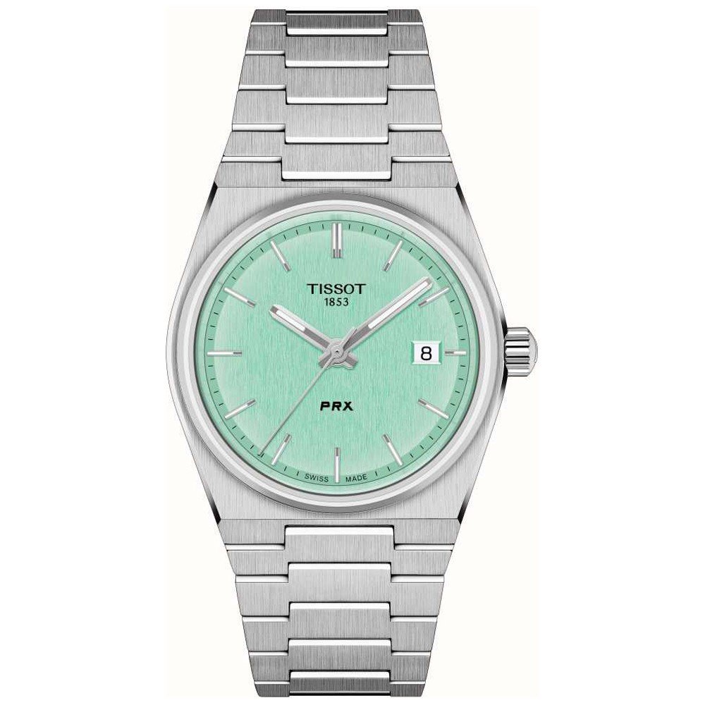 Zegarek Tissot PRX 35mm z zieloną tarczą, stalową kopertą i bransoletą.