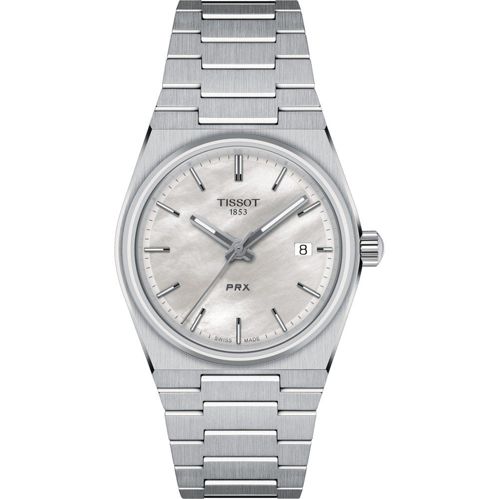 Srebrny zegarek Tissot PRX 35mm z jasną tarczą i metalową bransoletą.