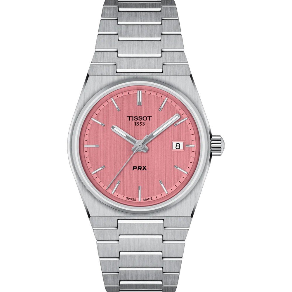 Zegarek Tissot PRX 35mm z różową tarczą, stalowa koperta i bransoleta.