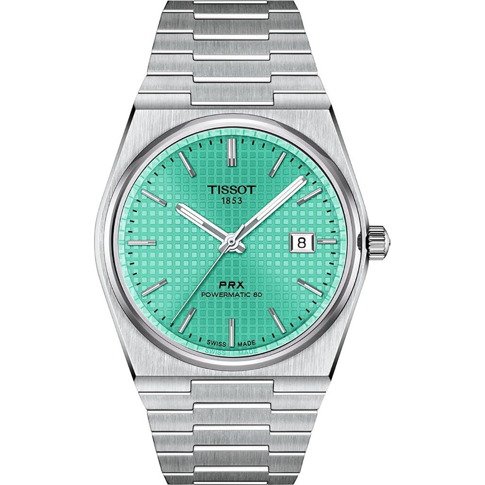Zegarek Tissot PRX Powermatic 80 z niebieską tarczą, stalowa koperta i bransoleta.