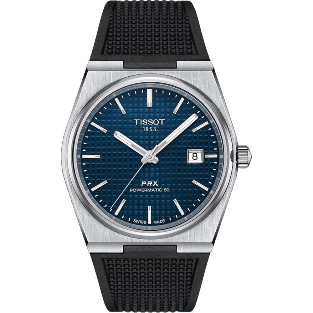 Zegarek Tissot PRX Powermatic 80 z niebieską tarczą, stalową kopertą i czarnym paskiem.