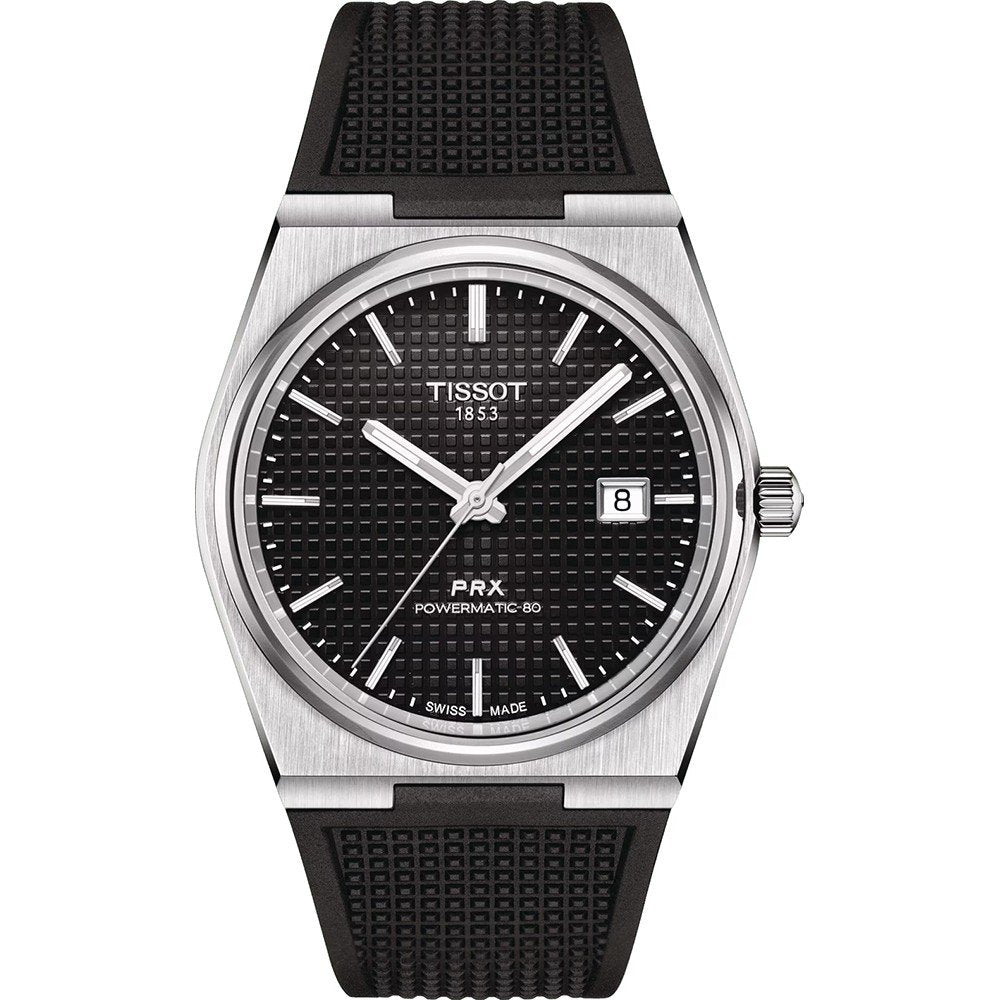 Czarny zegarek Tissot PRX Powermatic 80 z metalową kopertą i gumowym paskiem, z datownikiem.