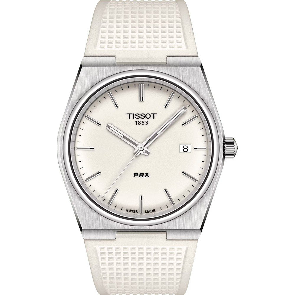 Zegarek Tissot PRX z białą tarczą, stalową kopertą i białym paskiem z tworzywa.