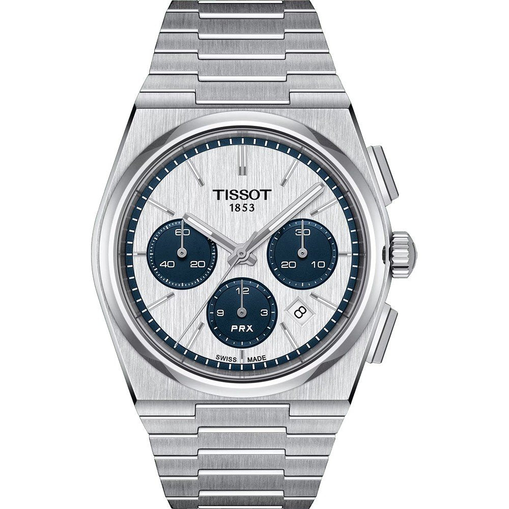 Srebrny zegarek Tissot PRX z automatycznym chronografem, biała tarcza z niebieskimi subtarczami i stalową bransoletą.