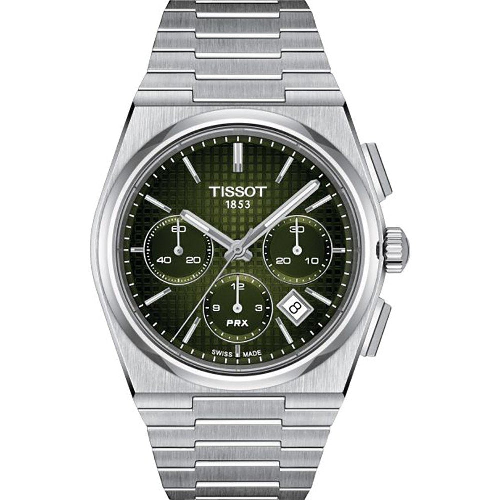 Zegarek Tissot PRX Automatic Chronograph z zieloną tarczą, stalowa koperta i bransoleta.