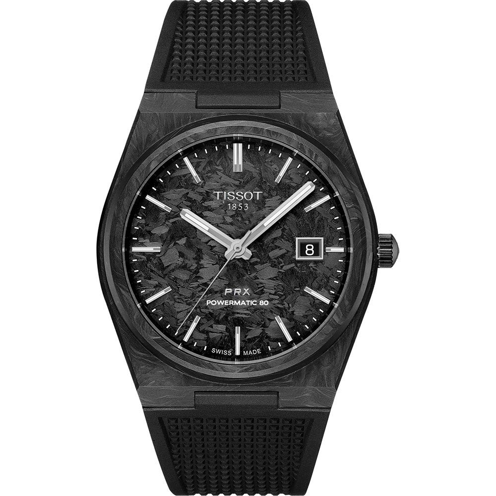 Zegarek Tissot PRX Powermatic 80 o średnicy 40 mm, z czarną tarczą i gumowym paskiem.