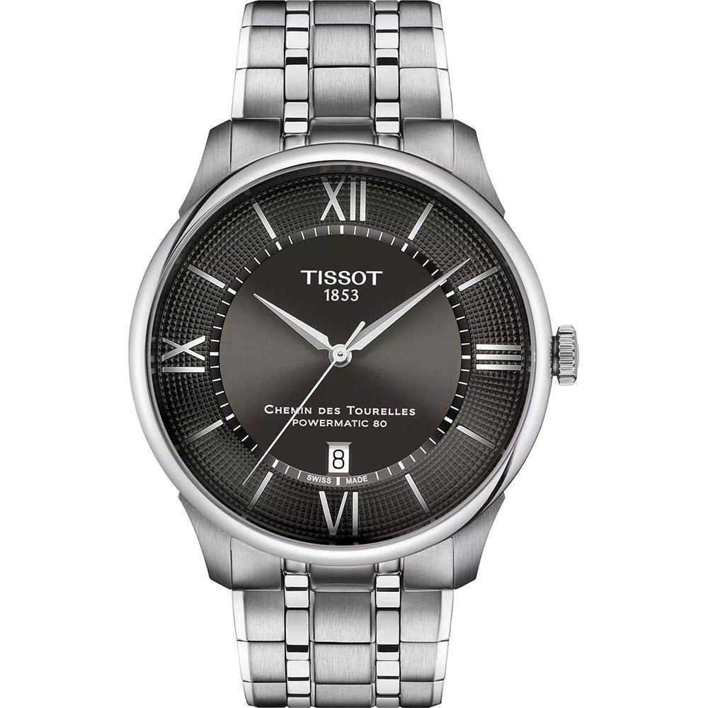 Zegarek Tissot Chemin Des Tourelles Powermatic 80 z szarym cyferblatem i metalową bransoletą.