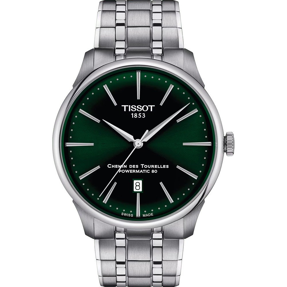 Zielony zegarek Tissot Chemin des Tourelles Powermatic 80 z metalową bransoletą i datownikiem.
