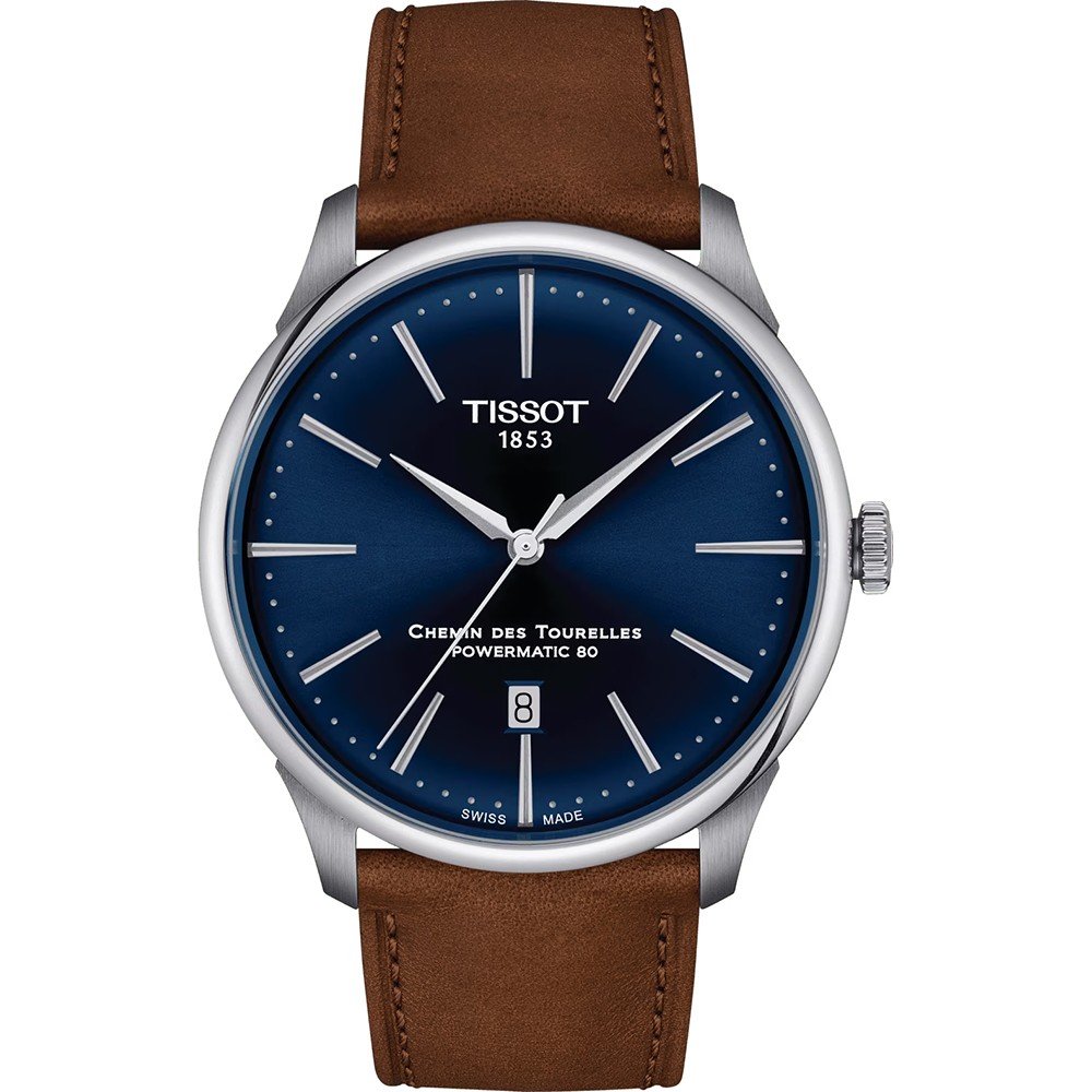 Zegarek Tissot Chemin des Tourelles Powermatic 80 z niebieską tarczą, stalową kopertą i brązowym paskiem.