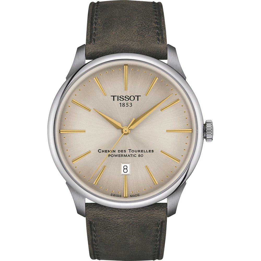 Zegarek Tissot Chemin des Tourelles Powermatic 80 z szarym paskiem skórzanym i jasnoszarym cyferblatem.