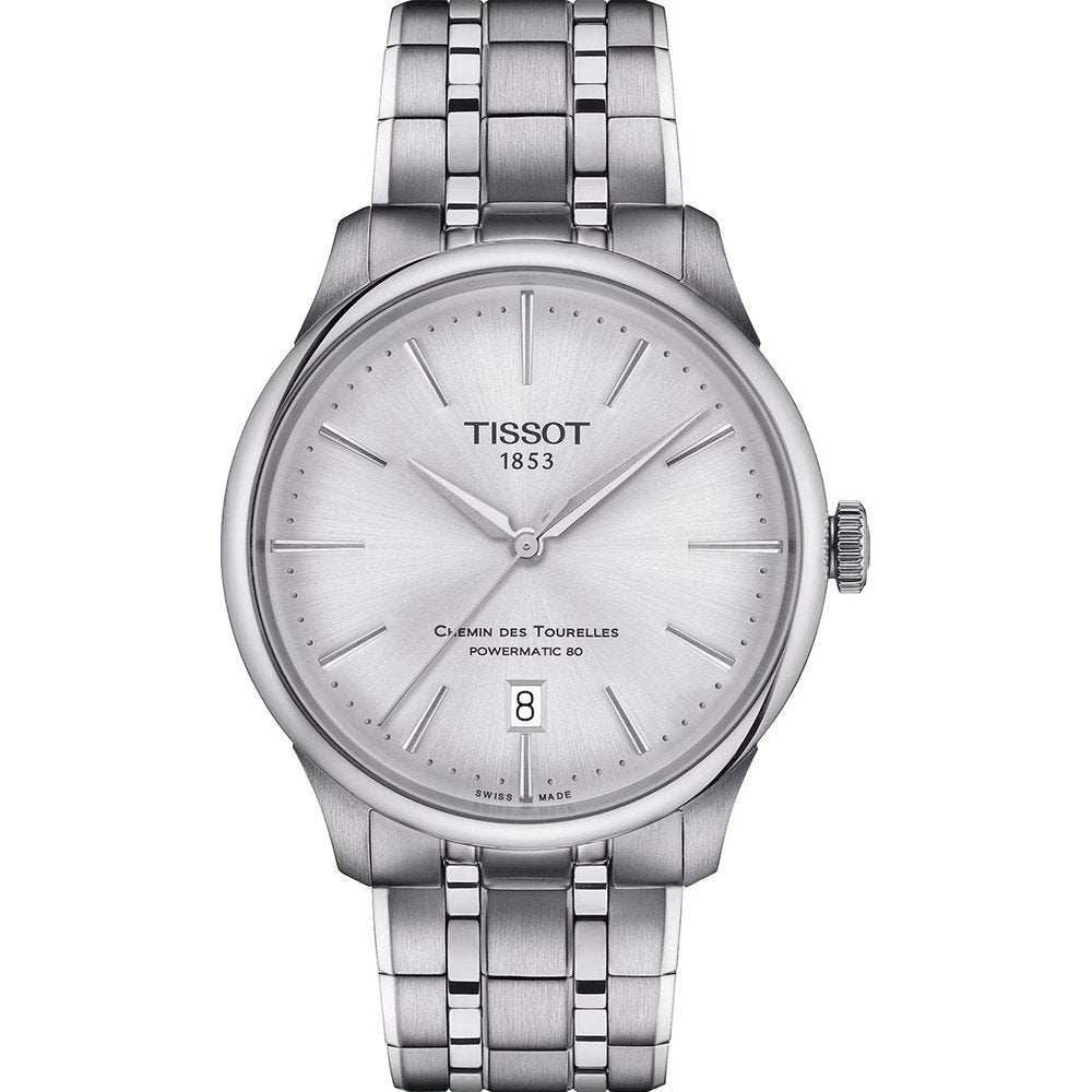Srebrny zegarek Tissot Chemin des Tourelles z tarczą i bransoletą ze stali nierdzewnej, średnica 39 mm.