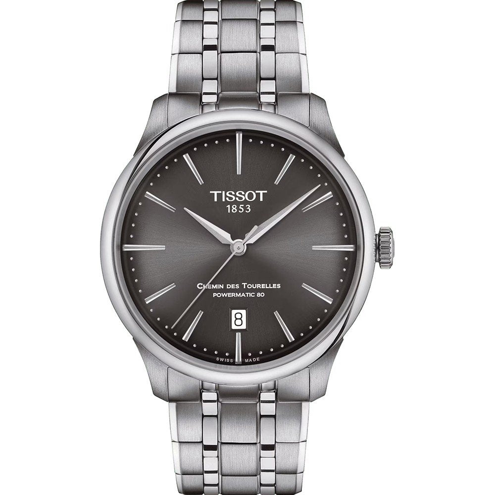 Zegarek Tissot Chemin des Tourelles z szarym cyferblatem i metalową bransoletą.