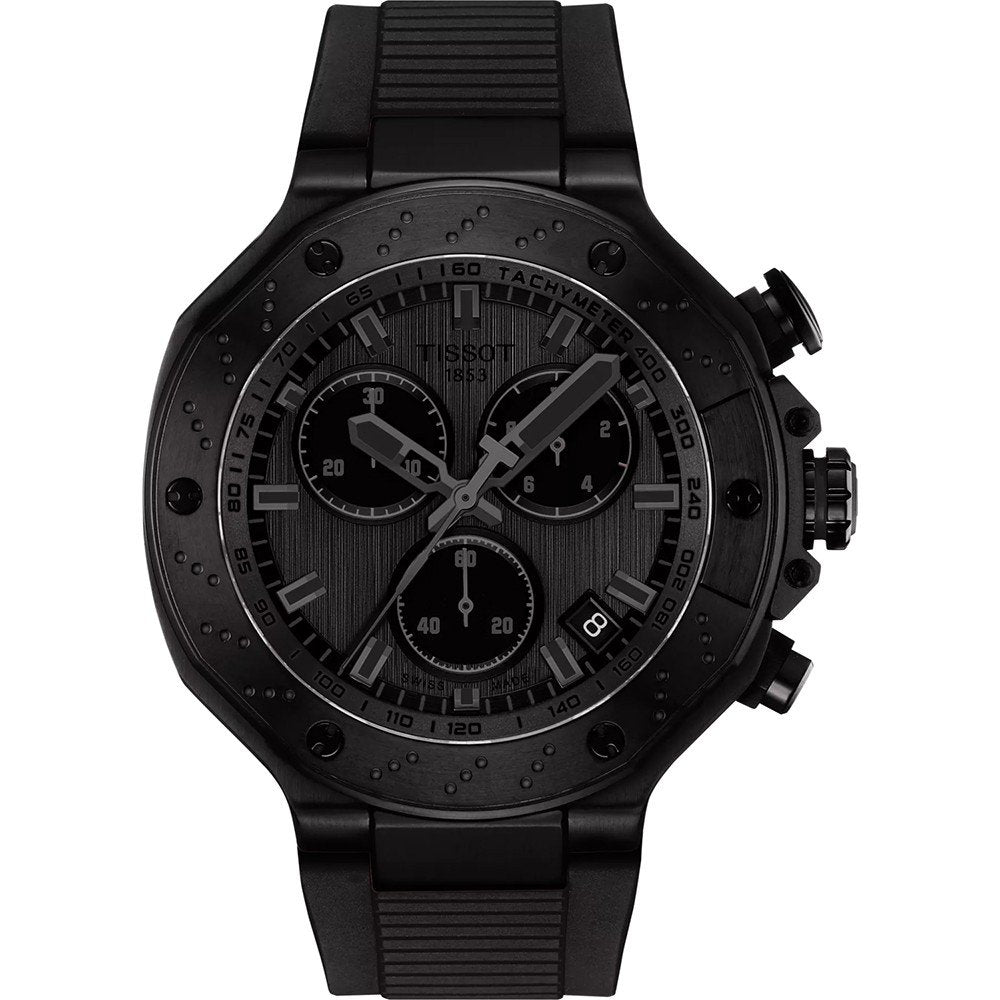 Czarny zegarek Tissot T-Race z chronografem, z okrągłą kopertą i gumowym paskiem.