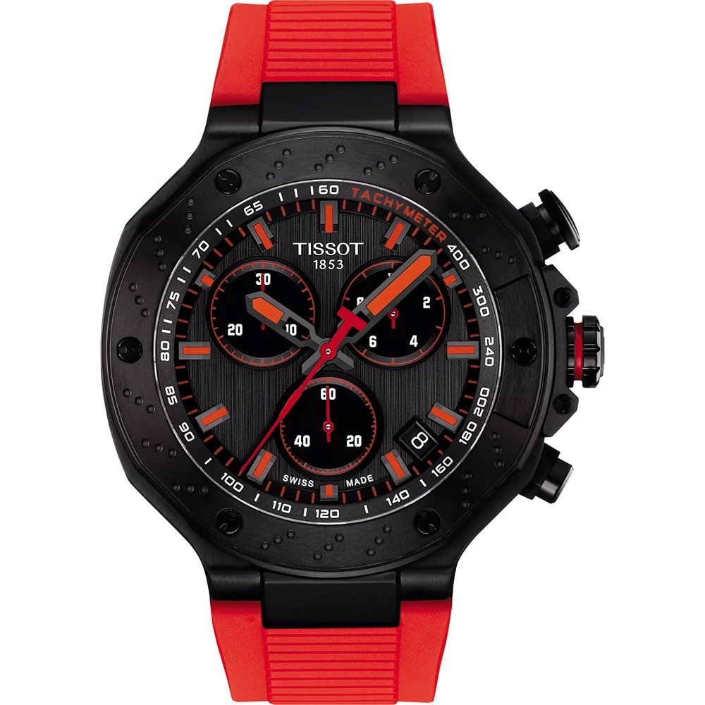 Czarny zegarek Tissot T-Race z czerwonym paskiem, tarcza z chronografem i wyraźnymi indeksami.