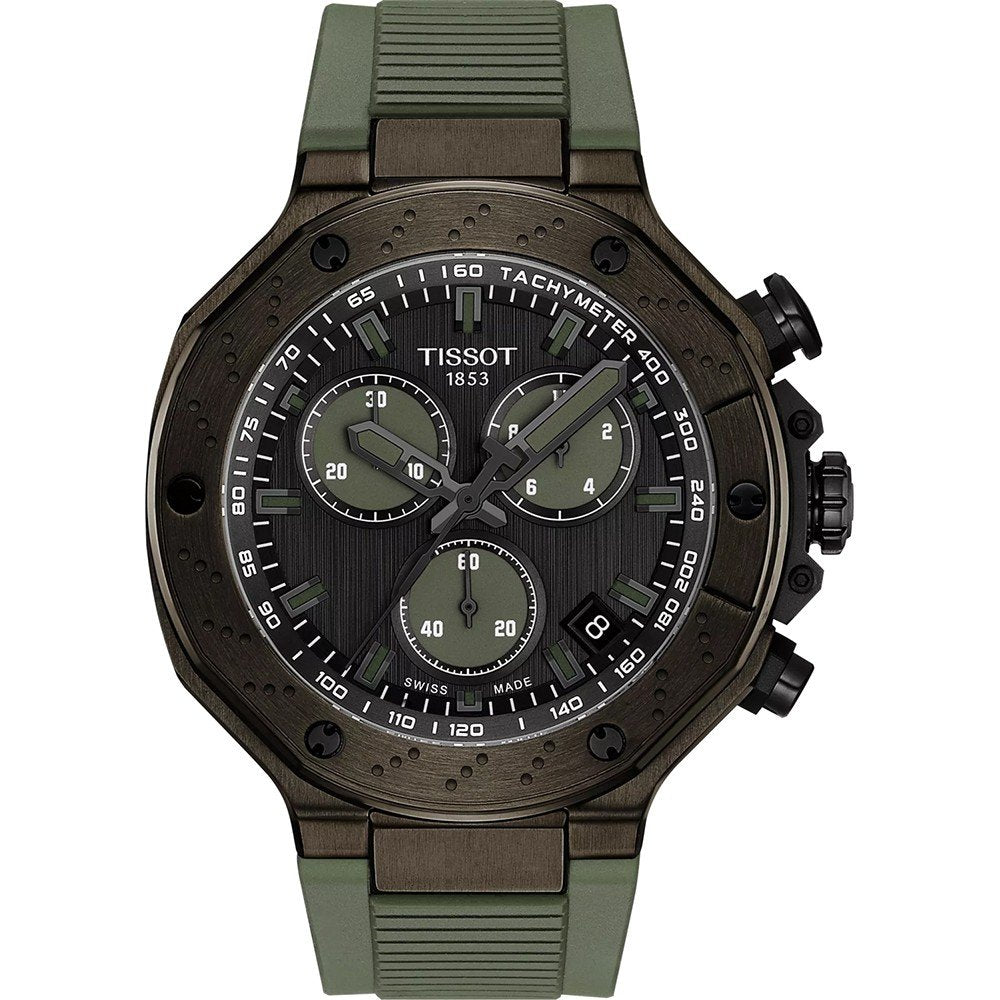 Zegarek Tissot T-Race z czarną tarczą, zieloną kopertą i gumowym paskiem.