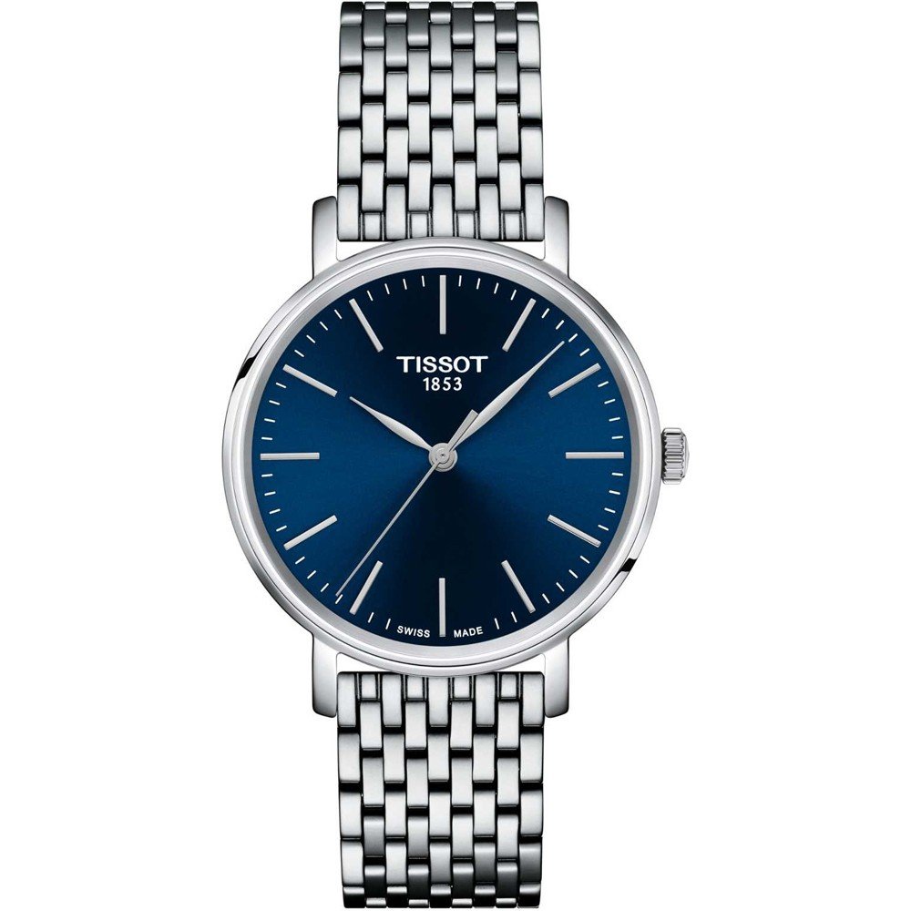 Zegarek Tissot Everytime o średnicy 34 mm z niebieską tarczą i stalową bransoletą.