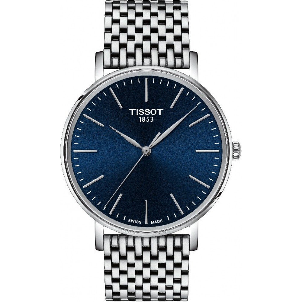 Zegarek Tissot Everytime 40mm z niebieską tarczą i stalową bransoletą.