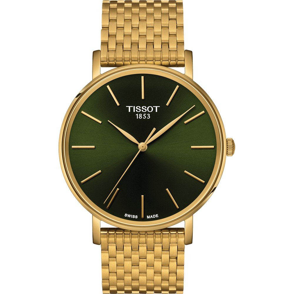 Złoty zegarek Tissot z zieloną tarczą, 40 mm, na złotej bransolecie.