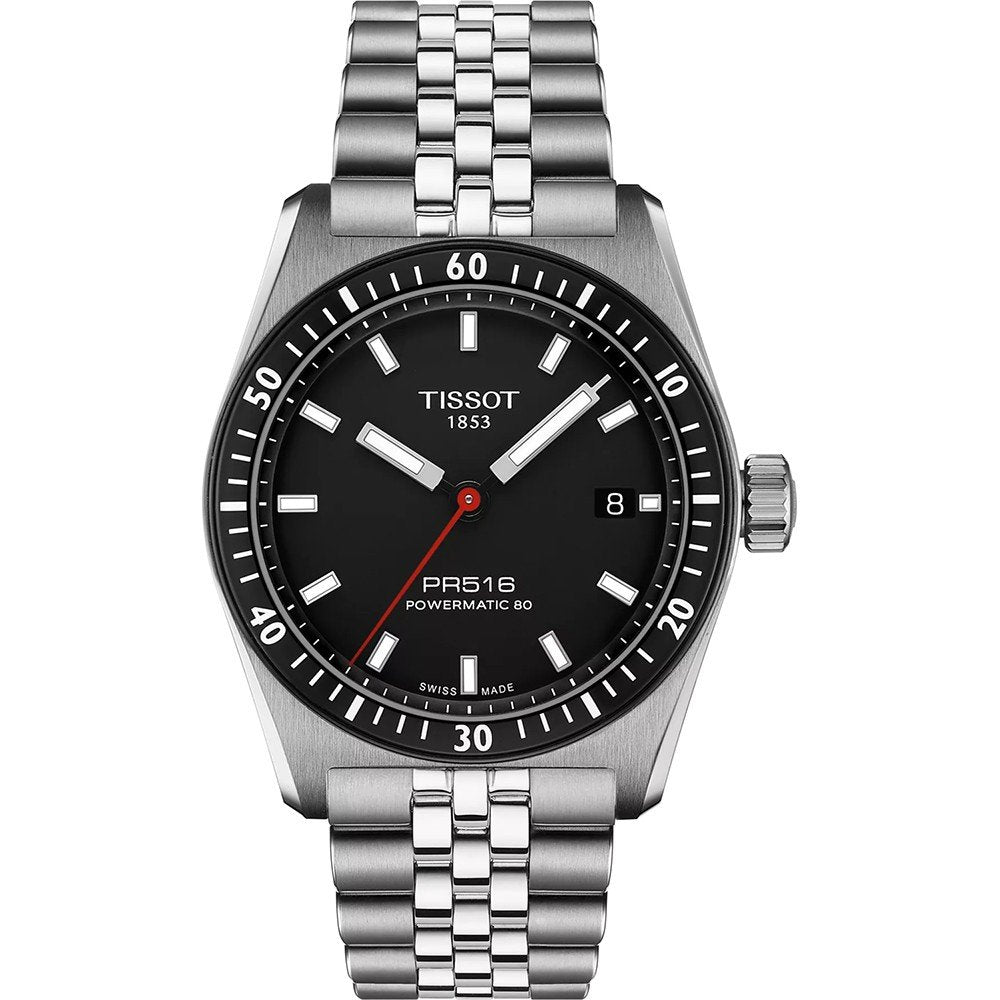 Zegarek Tissot PR516 Powermatic 80 z czarną tarczą, stalową kopertą i bransoletą.