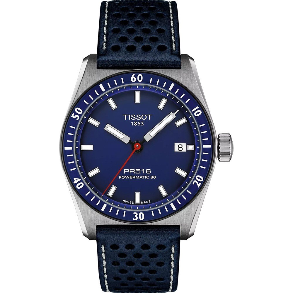 Zegarek Tissot PR516 Powermatic 80 z niebieską tarczą, stalową kopertą i skórzanym paskiem.