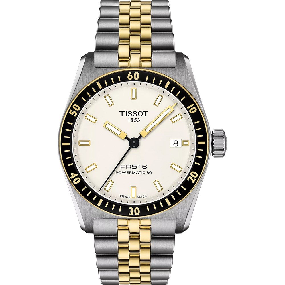 Zegarek Tissot PR516 Powermatic 80 z białą tarczą, stalową kopertą i złotym paskiem.