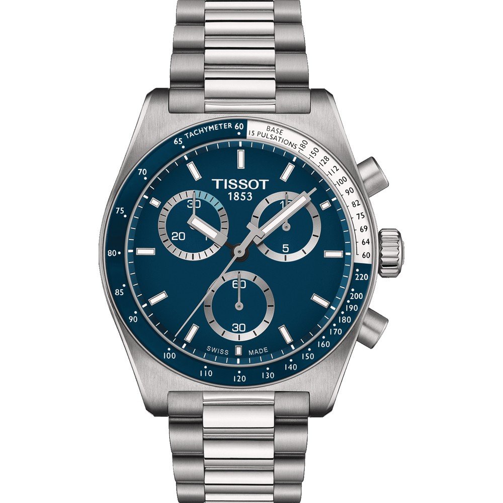 Zegarek Tissot PR516 z niebieską tarczą, stalową kopertą i bransoletą, z trzema subtarcza.