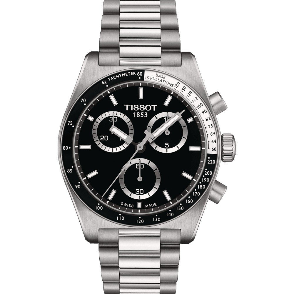 Zegarek Tissot PR516 Chronograph z czarną tarczą, stalową kopertą i bransoletą.