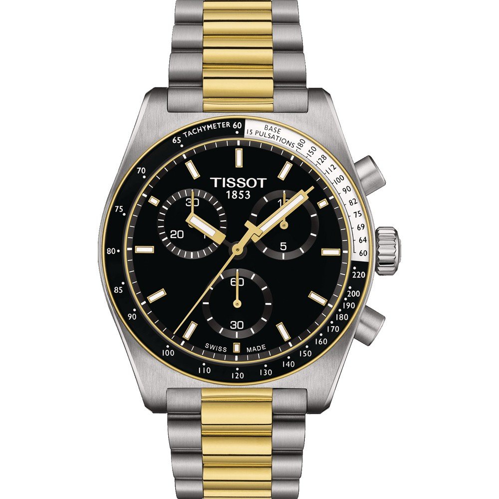 Zegarek Tissot PR516 Chronograph z czarną tarczą, stalową kopertą i złotym paskiem.