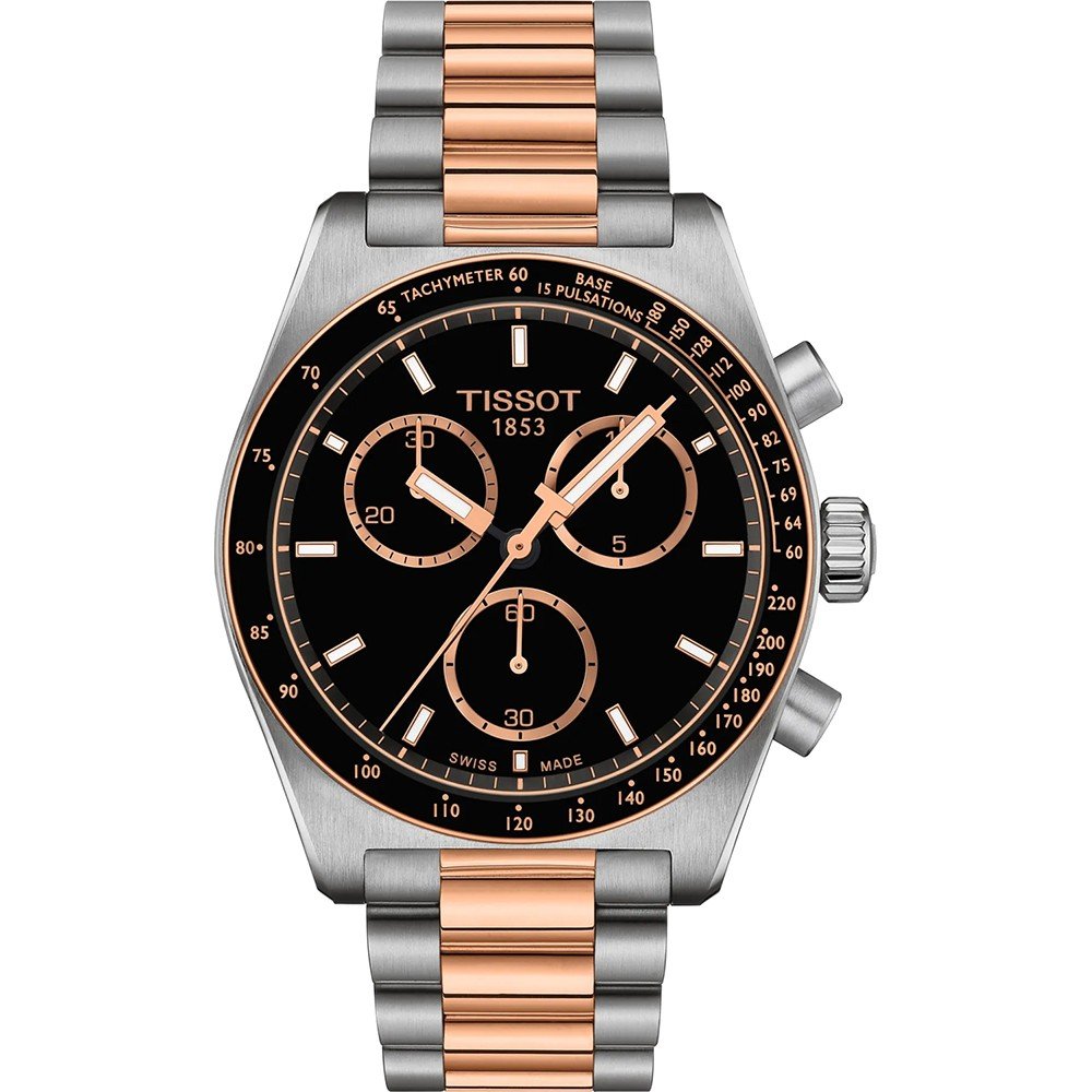 Zegarek Tissot PR516 z czarną tarczą, stalową kopertą i bransoletą w kolorze srebrnym i różowego złota.