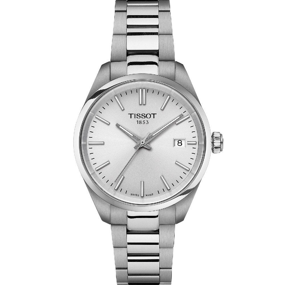 Srebrny zegarek Tissot PR 100 z okrągłą tarczą i metalową bransoletą.