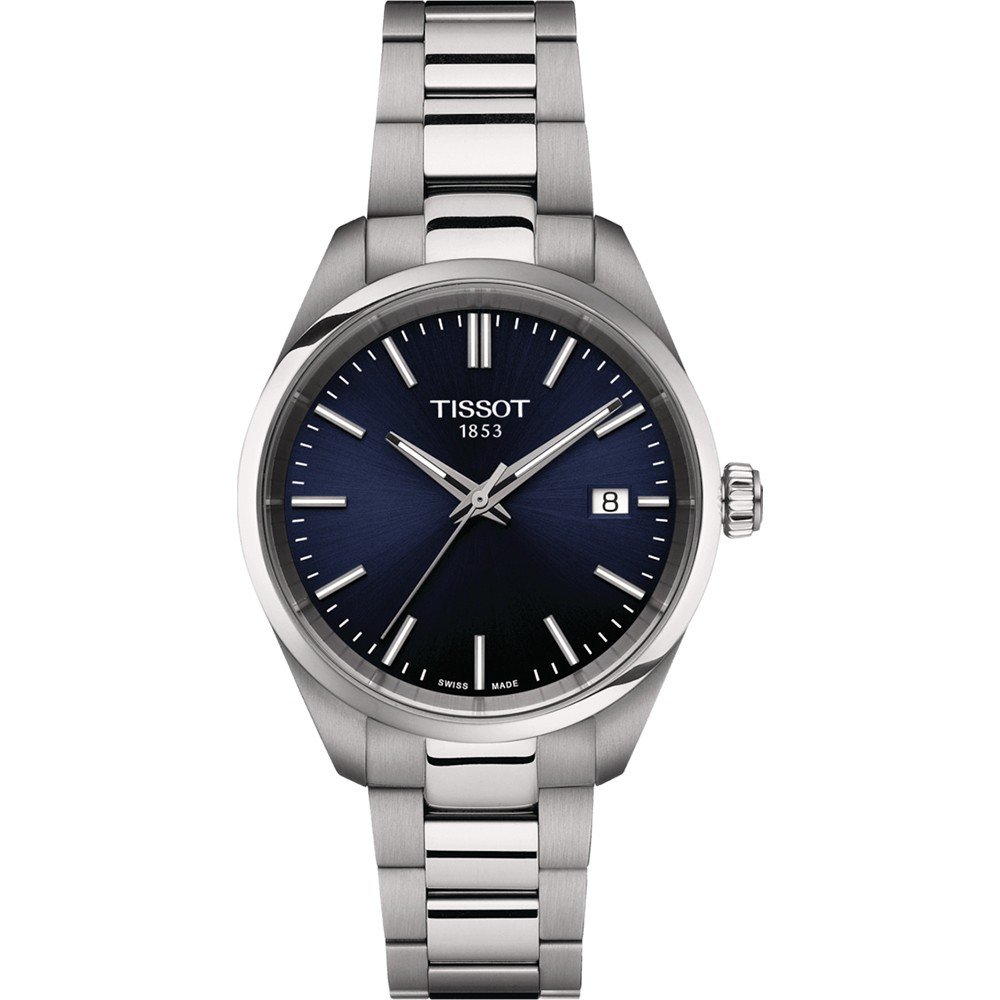Srebrny zegarek Tissot PR 100 z niebieską tarczą i metalową bransoletą.