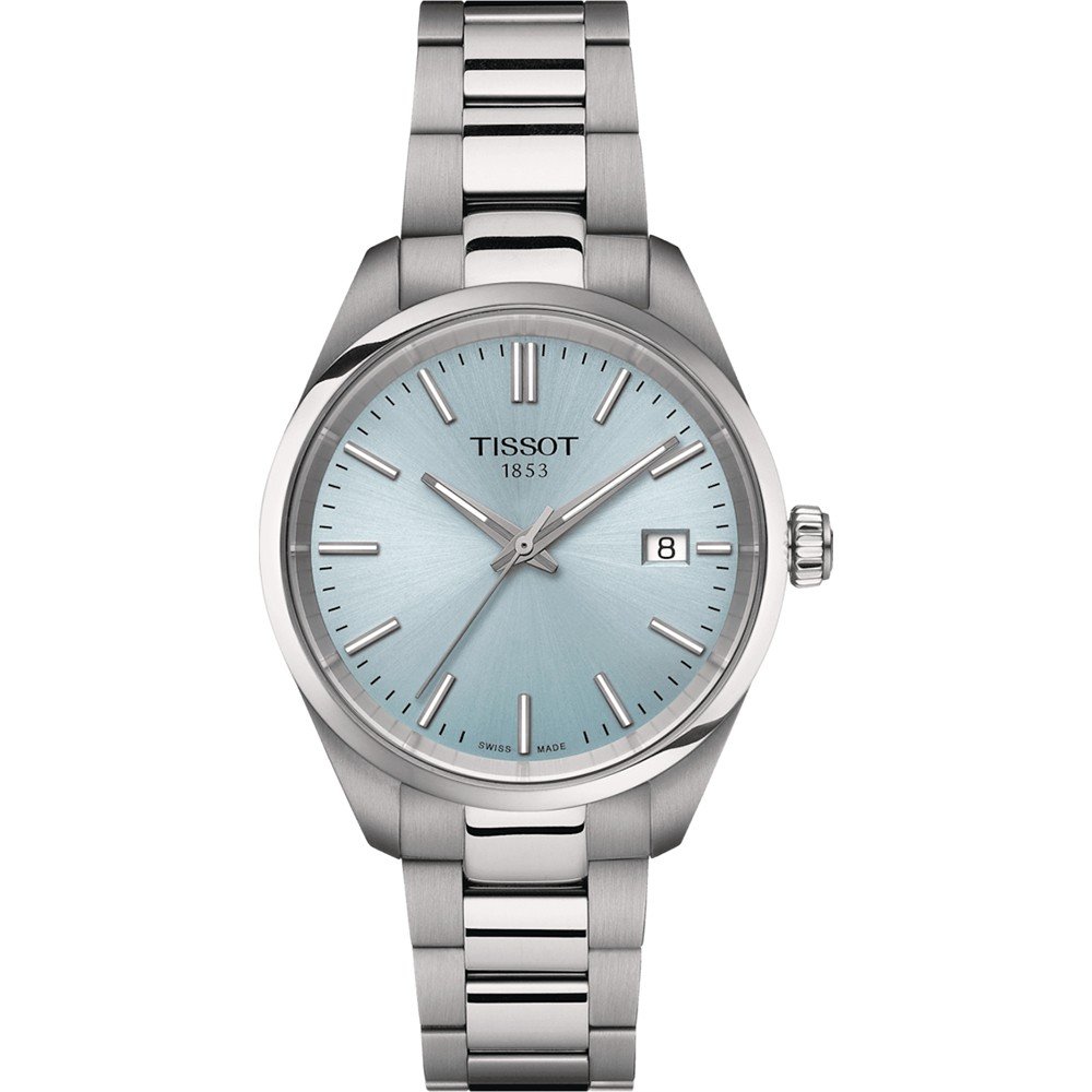 Srebrny zegarek Tissot PR 100 z niebieską tarczą i metalową bransoletą.