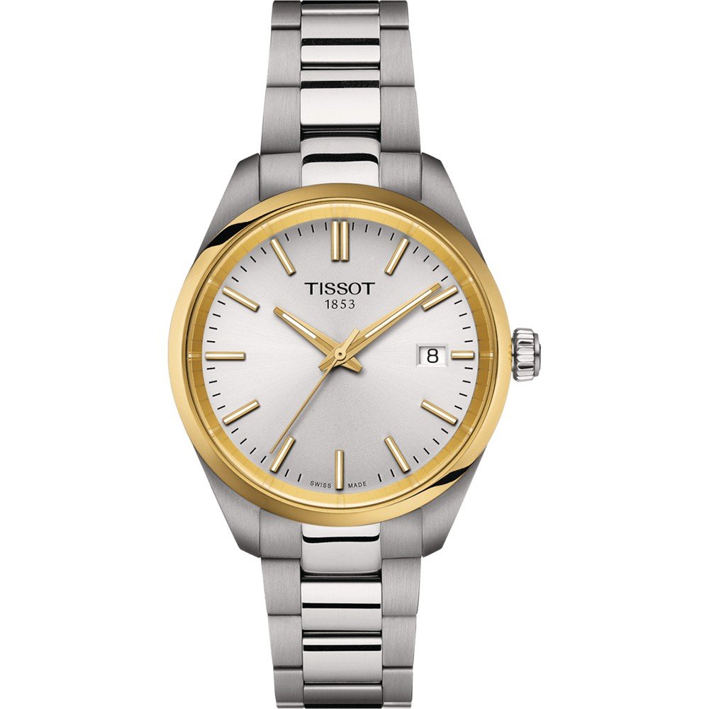 Zegarek Tissot PR 100 z tarczą w kolorze srebrnym, złotą kopertą i metalową bransoletą.