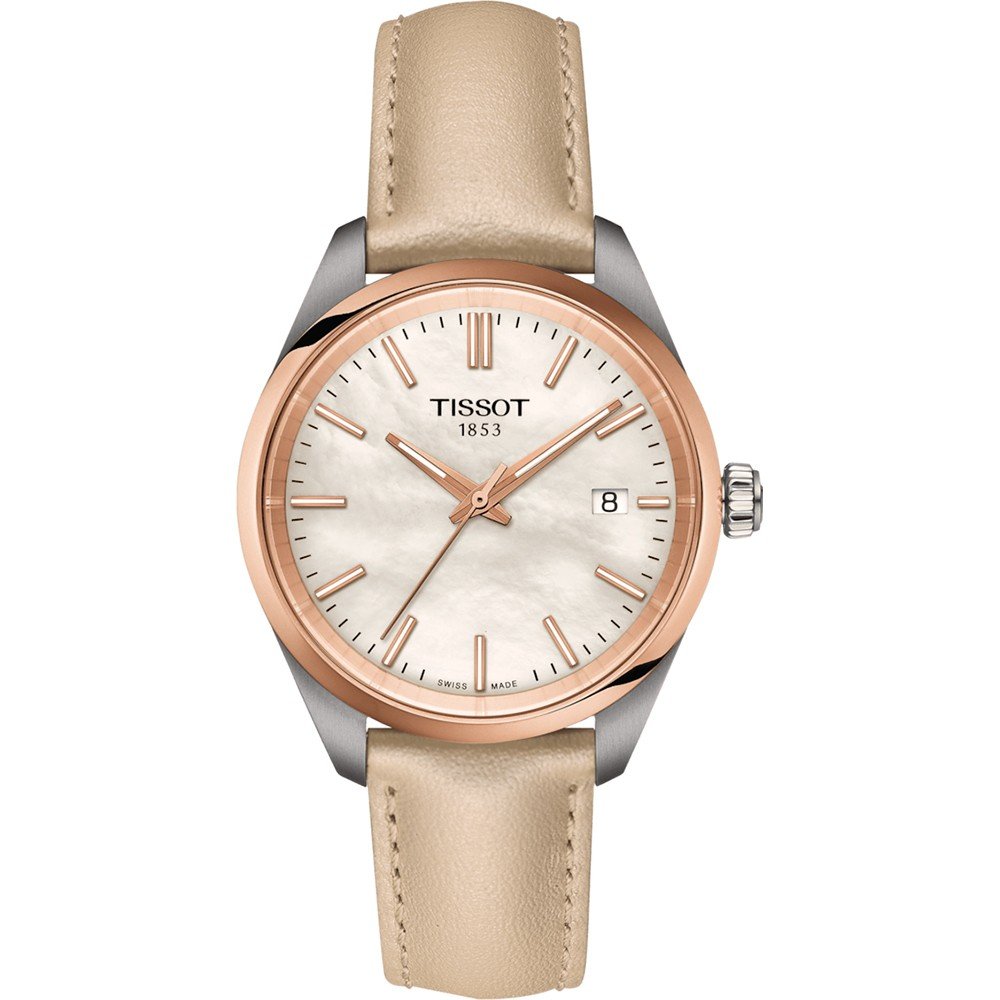 Zegarek Tissot PR 100 z tarczą w kolorze perłowym, kopertą w kolorze różowego złota i beżowym paskiem.