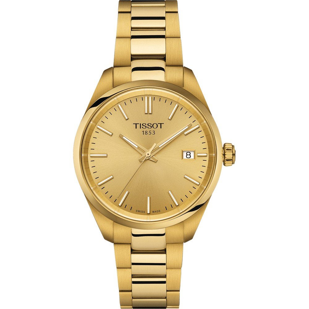 Złoty zegarek Tissot PR 100 z 34 mm kopertą, metalową bransoletą i minimalistyczną tarczą.