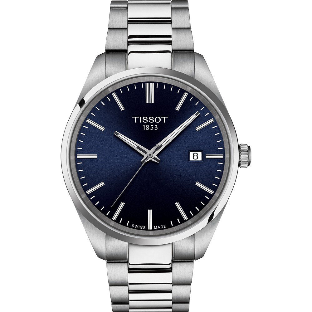 Srebrny zegarek Tissot PR 100 z niebieską tarczą i metalową bransoletą.