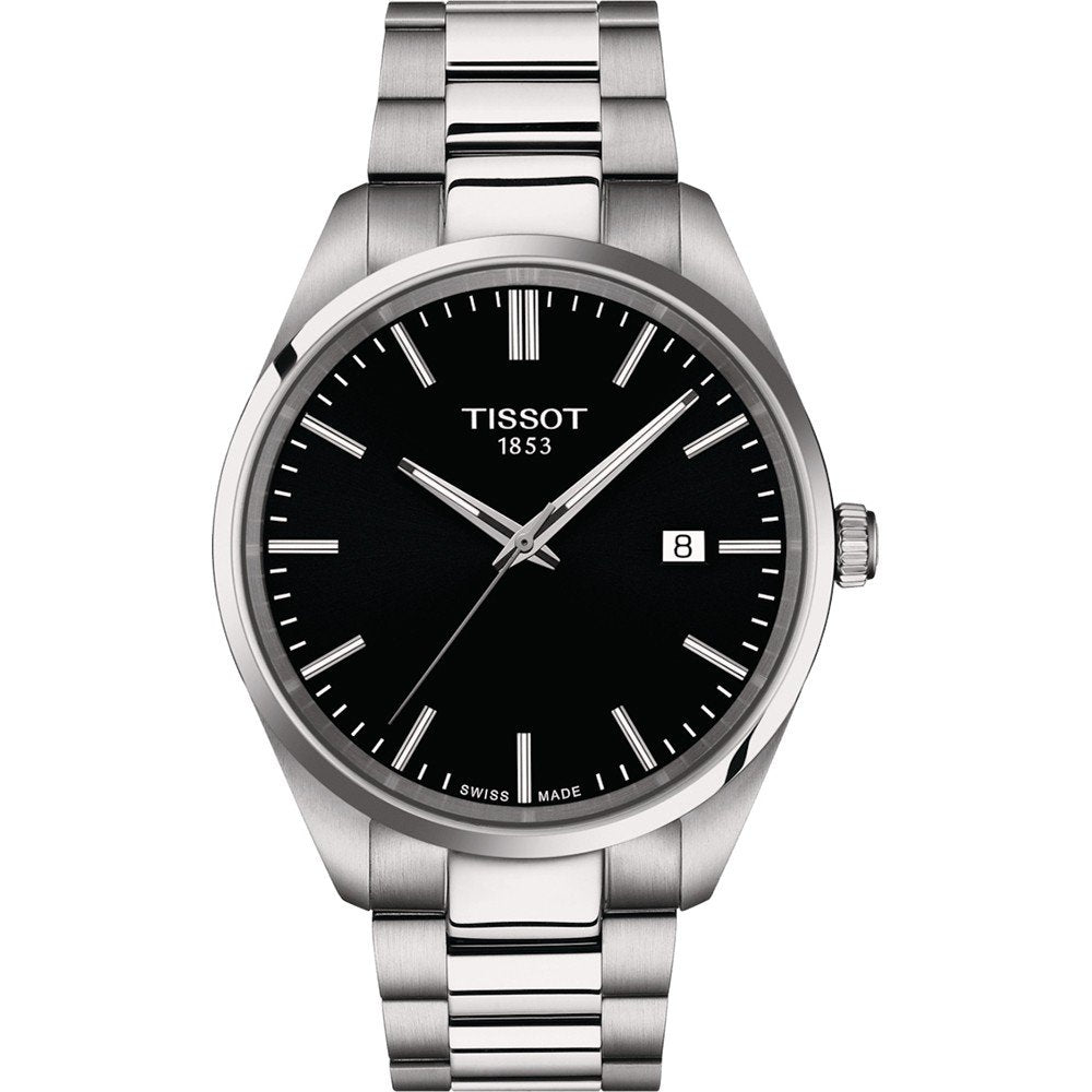Zegarek Tissot PR 100 z czarną tarczą, stalową kopertą i bransoletą, z datownikiem.