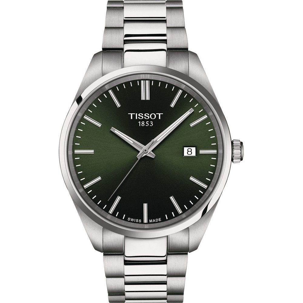 Zegarek Tissot PR 100 z zieloną tarczą, stalowa koperta i bransoleta.