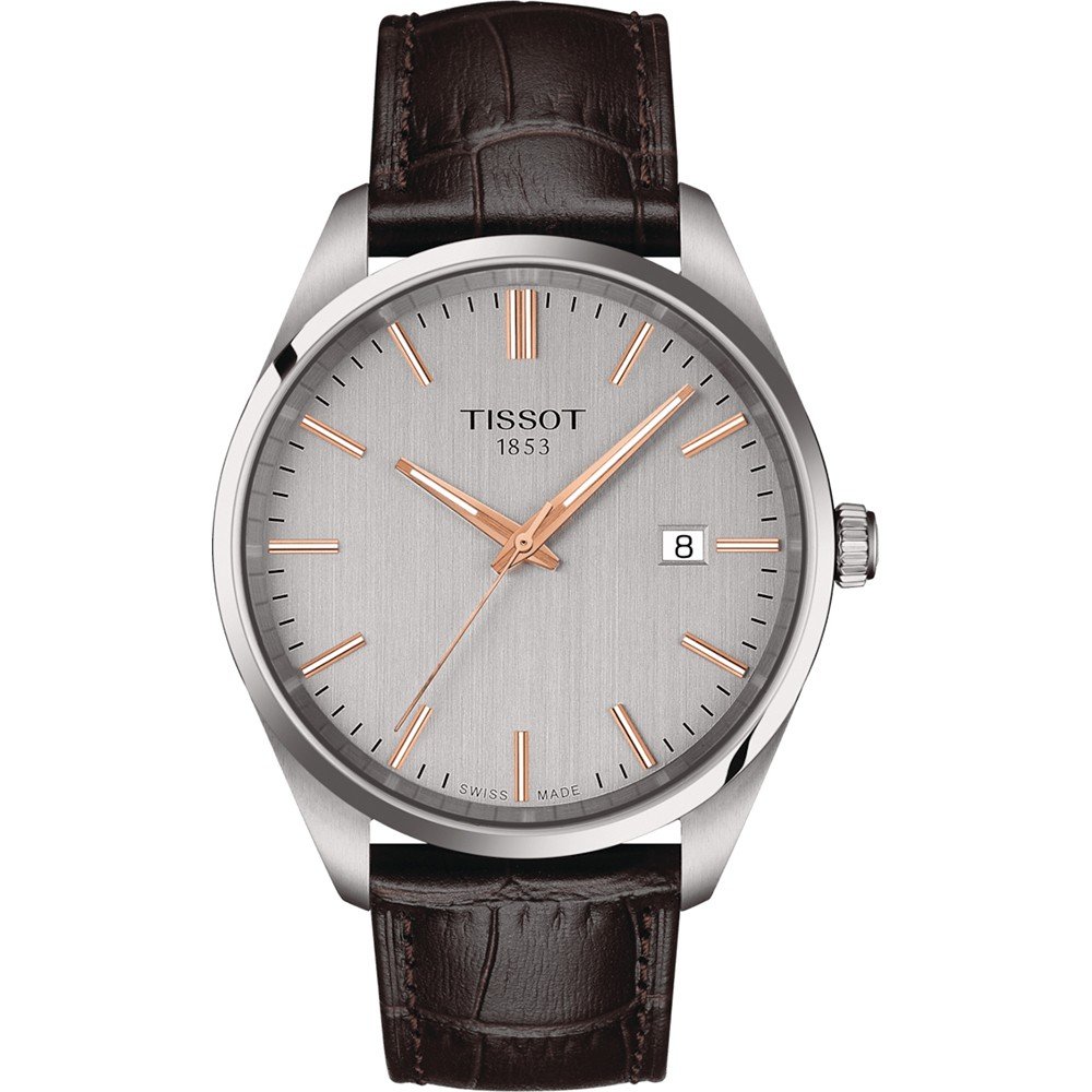 Zegarek Tissot PR 100 z szaro-srebrną tarczą, brązowym skórzanym paskiem i datownikiem.