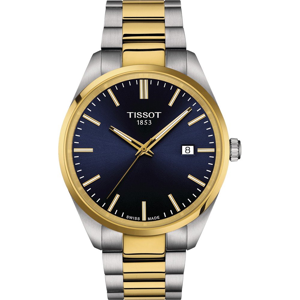 Zegarek Tissot PR 100 z niebieską tarczą, złotą kopertą i stalową bransoletą.